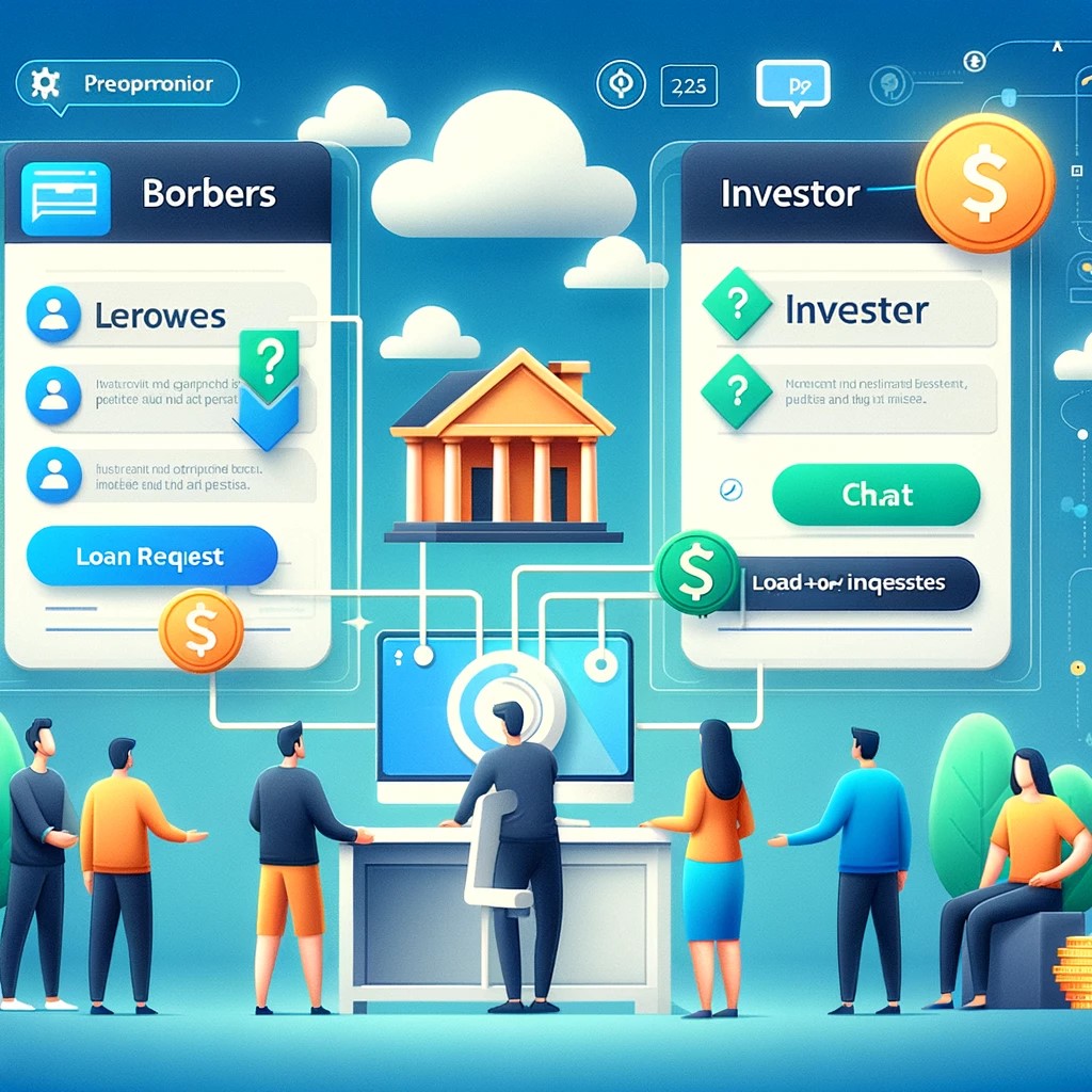 DALL·E 2024-05-15 00.06.31 - An illustration of a Peer-to-Peer (P2P) lending platform interface showing borrowers and investors connecting online. The interface should have sectio