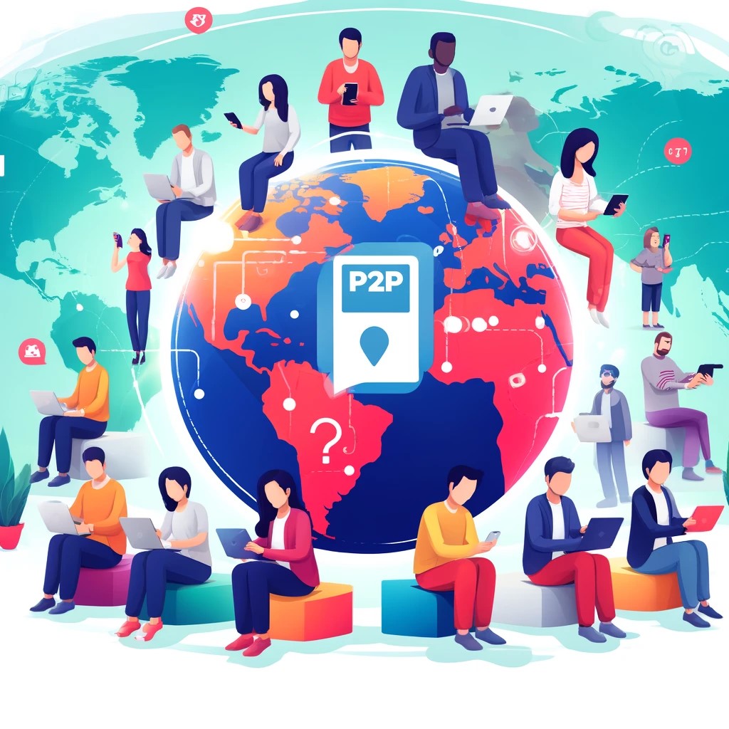 DALL·E 2024-05-15 00.06.33 - A vibrant illustration showing a diverse group of people from different regions of the world using P2P lending on their smartphones and laptops. Inclu