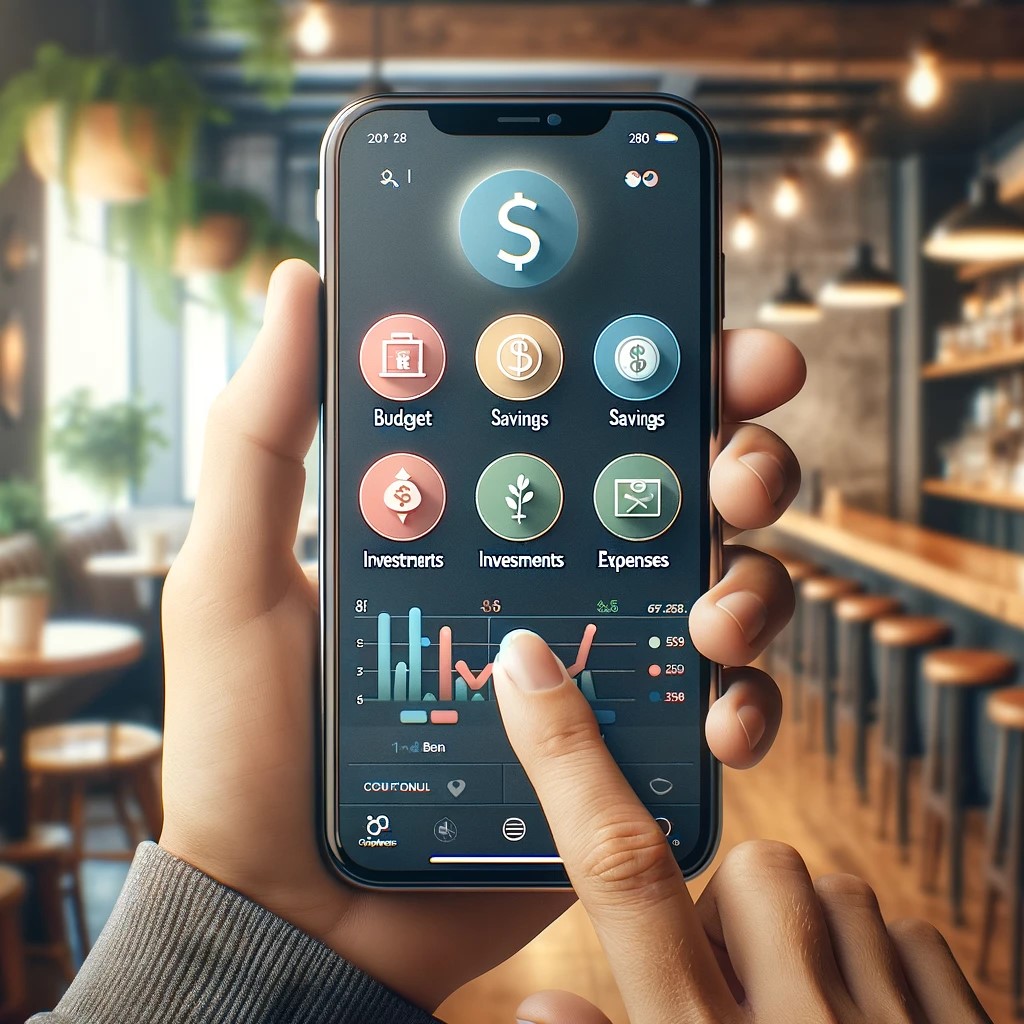 DALL·E 2024-05-14 23.27.11 - A modern, sleek design of a smartphone screen displaying a personal finance app interface. The app shows a dashboard with categories like Budget, Savi