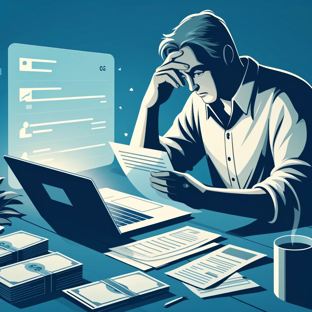 DALL·E 2024-05-14 23.27.13 - An illustration of a person sitting at a desk, visibly stressed with a pile of bills and a laptop open to a debt management app. The scene captures a 