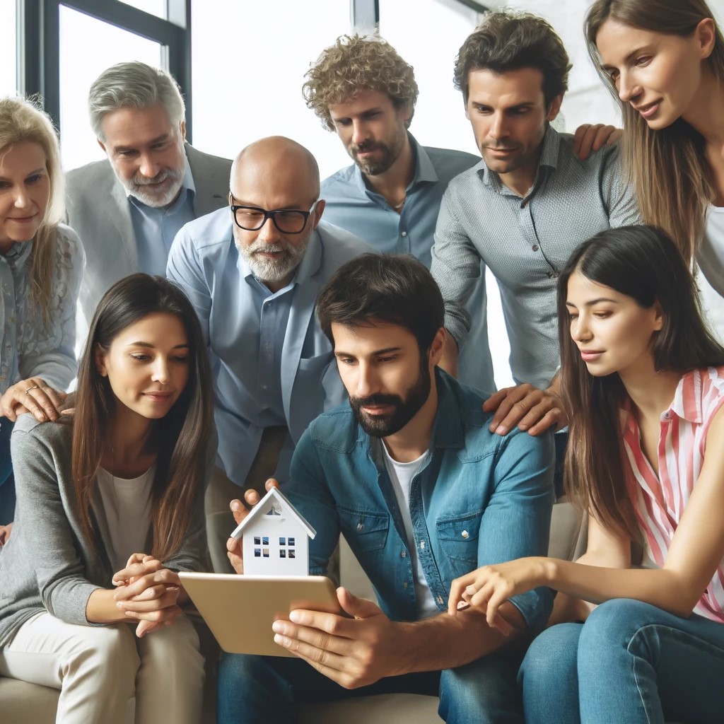 DALL·E 2024-05-15 18.18.45 - A diverse group of people examining real estate investment opportunities on a digital tablet, showcasing a variety of ages and ethnicities. They are g