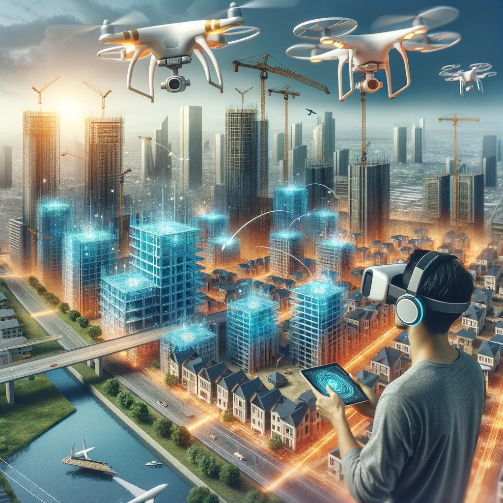 DALL·E 2024-05-15 18.18.49 - A futuristic scene of a cityscape with multiple real estate projects under construction. Drones are flying around, and people are using virtual realit