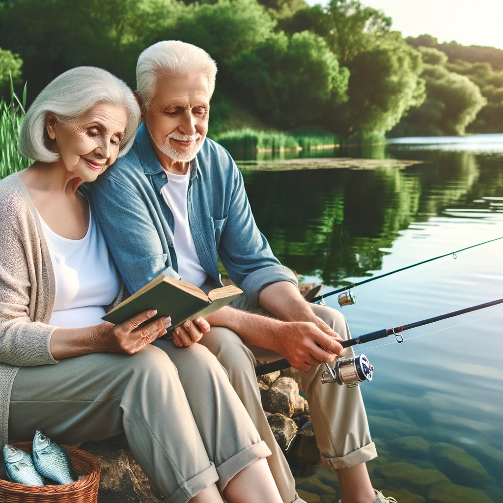 DALL·E 2024-05-14 15.14.47 - A serene image of an elderly couple enjoying their retirement lifestyle by a lakeside. The couple appears relaxed and content, symbolizing successful 