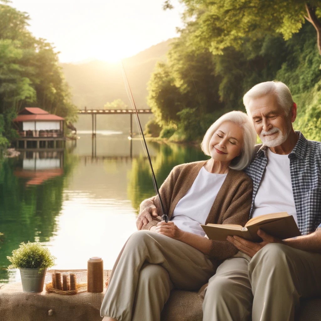 DALL·E 2024-05-14 15.14.49 - A serene image of an elderly couple enjoying their retirement lifestyle by a lakeside. The couple appears relaxed and content, symbolizing successful 