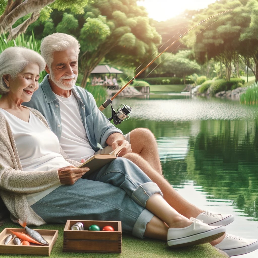 DALL·E 2024-05-14 15.14.51 - A serene image of an elderly couple enjoying their retirement lifestyle by a lakeside. The couple appears relaxed and content, symbolizing successful 