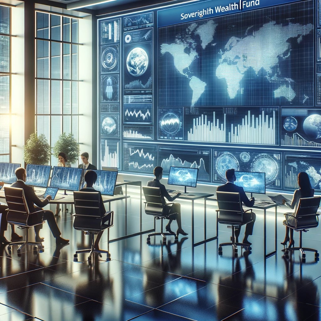 DALL·E 2024-05-14 15.24.52 - An image depicting a modern, high-tech office environment where financial analysts are monitoring and discussing investments for a sovereign wealth fu