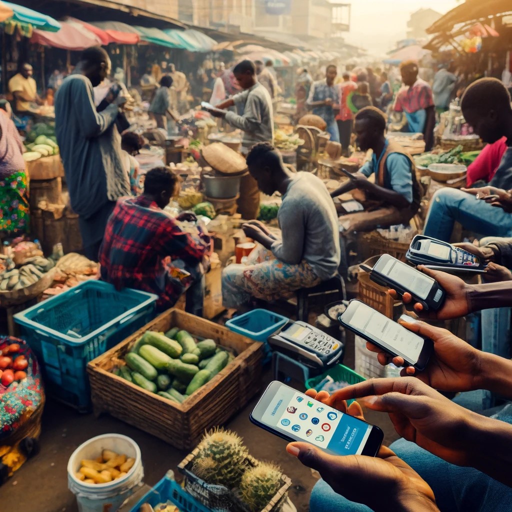 DALL·E 2024-06-05 12.49.22 - A bustling outdoor market in a developing country with vendors and customers using mobile phones for financial transactions. The scene is vibrant, cap