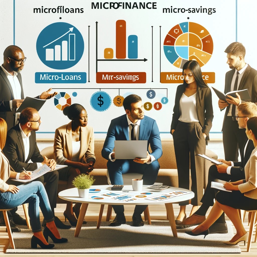 DALL·E 2024-06-04 12.38.39 - A diverse group of small business owners discussing microfinance opportunities with a financial advisor. The setting includes charts and graphs illust