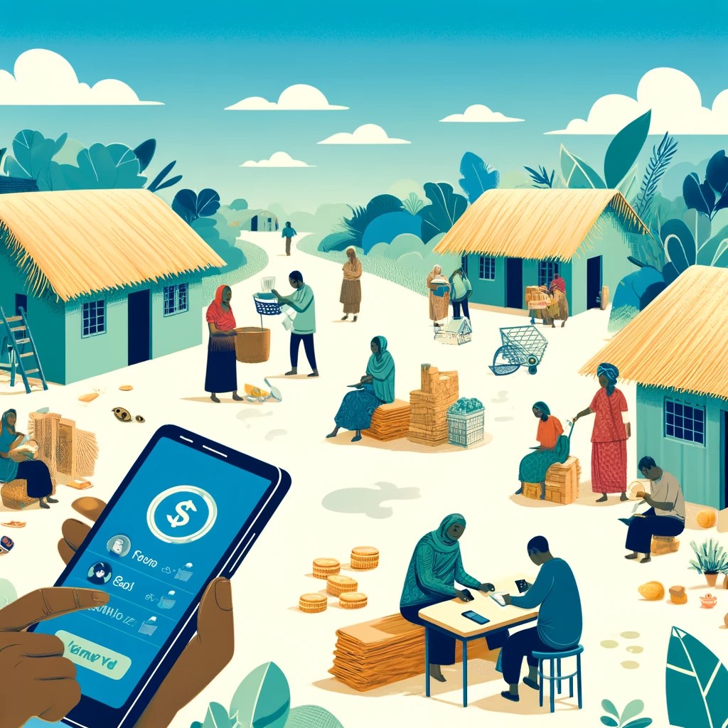 DALL·E 2024-06-04 12.38.38 - An illustration of a rural community using mobile phones to access microfinance services. The scene includes people engaging in financial transactions