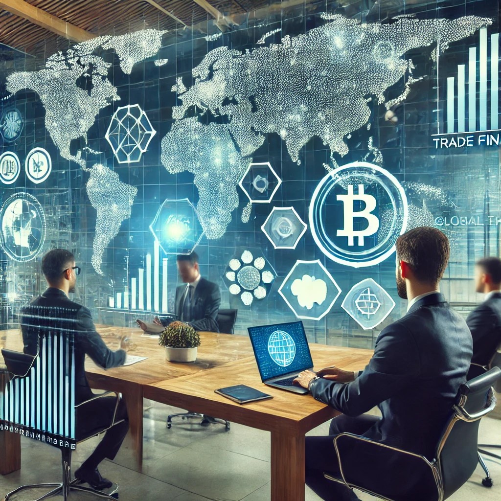 DALL·E 2024-07-06 17.55.16 - An image showing financial analysts in a modern office using blockchain technology to enhance global trade, with digital screens displaying data and g