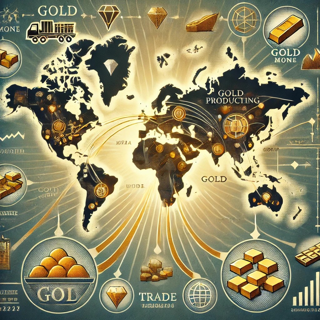 DALL·E 2024-07-09 10.49.03 - A world map showing the major gold producing countries and the flow of gold trade across continents. The map is detailed with icons representing mines