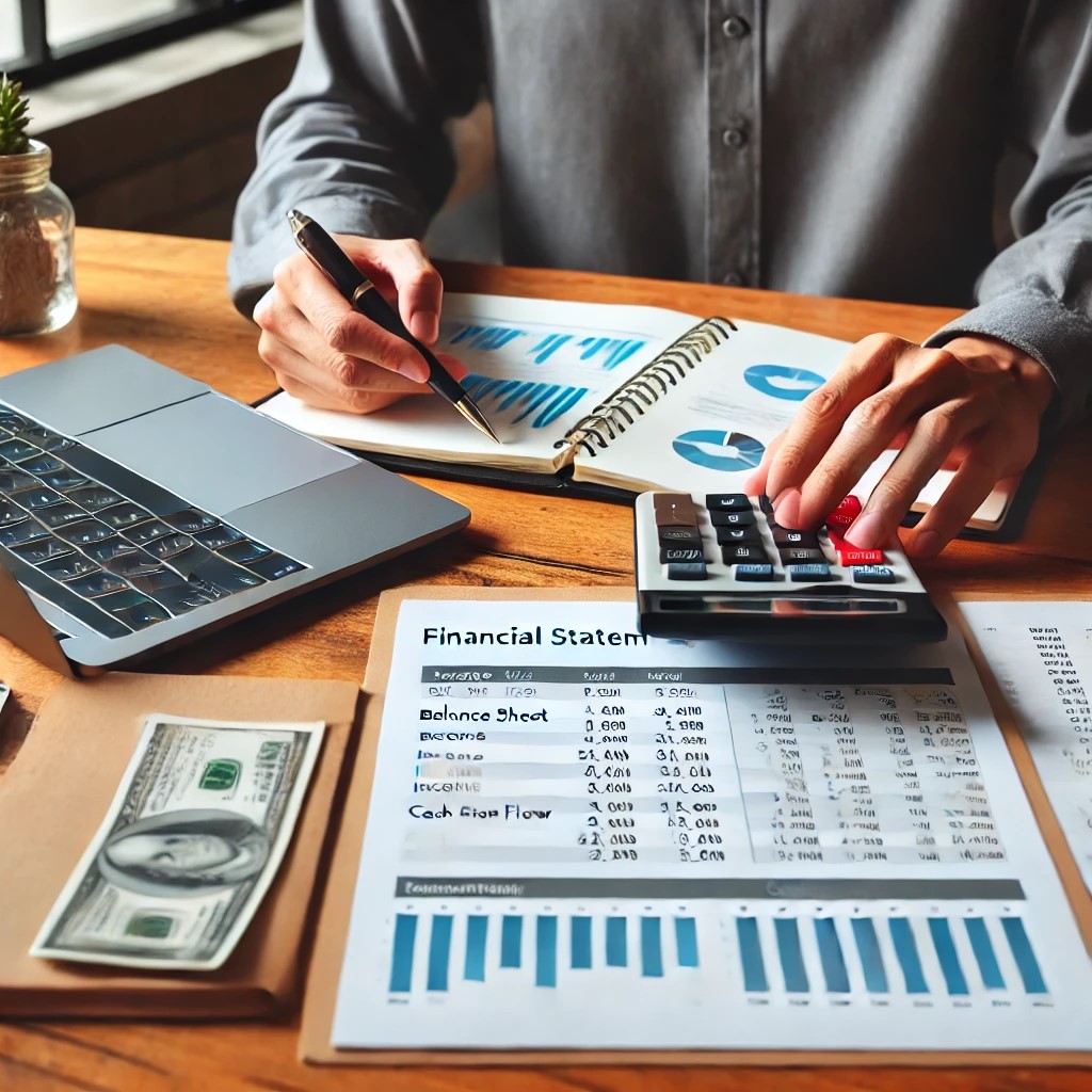 DALL·E 2024-07-27 09.21.34 - A financial analyst working on financial statements. The scene shows a desk with a laptop displaying a balance sheet, income statement, and cash flow 