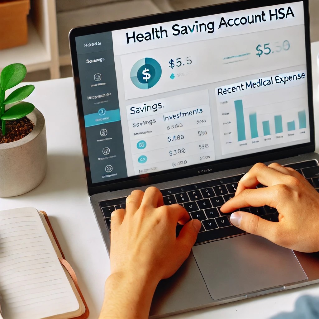 DALL·E 2024-07-27 09.06.41 - A person using a laptop to manage their Health Savings Account (HSA). The screen shows a dashboard with savings, investments, and recent medical expen