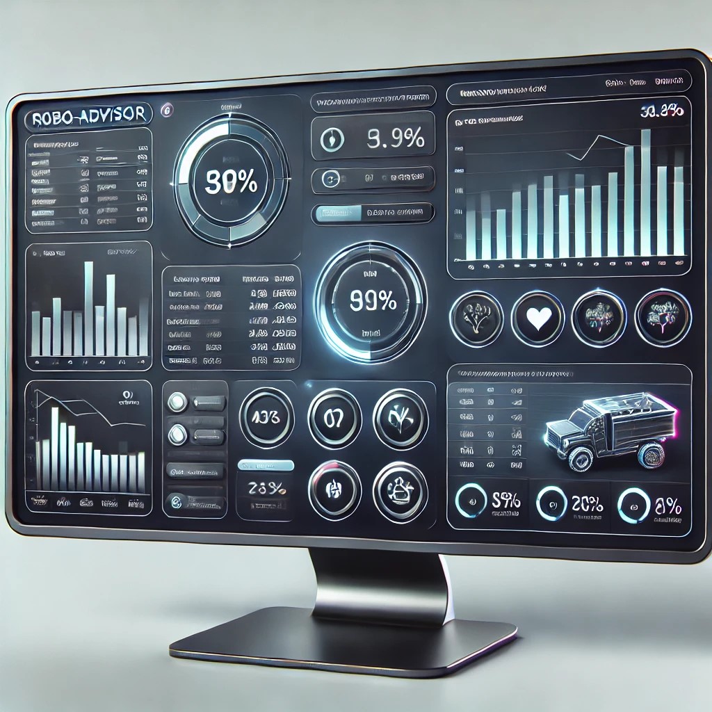 DALL·E 2024-07-27 09.15.43 - A sleek and modern interface of a robo-advisor platform on a computer screen. The screen shows a user-friendly dashboard with graphs, investment portf