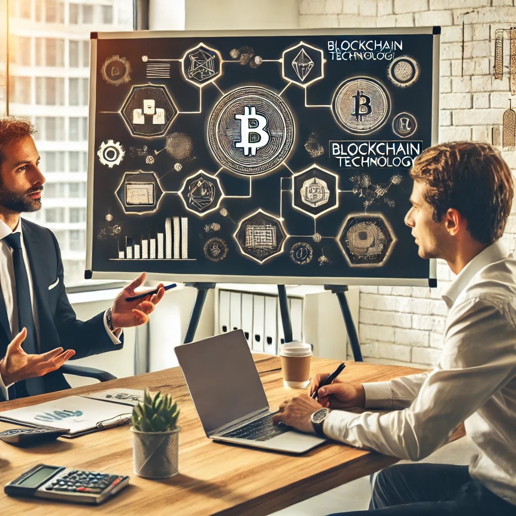 DALL·E 2024-07-27 09.15.46 - A financial advisor discussing blockchain technology with a client. The setting is a modern office with a whiteboard showing blockchain diagrams, a la