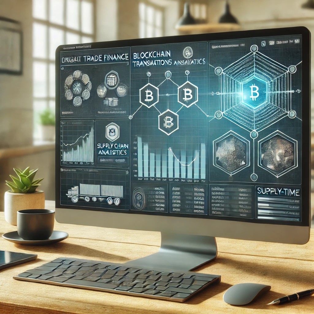 DALL·E 2024-07-27 09.24.04 - A modern digital trade finance platform interface on a computer screen. The screen displays a dashboard with blockchain transactions, supply chain ana